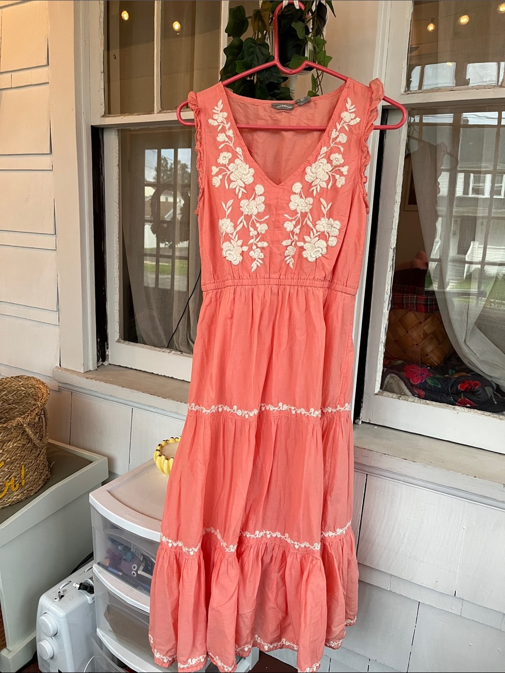 Lucky Brand Coral Maxi Dress with White Floral Embroidery